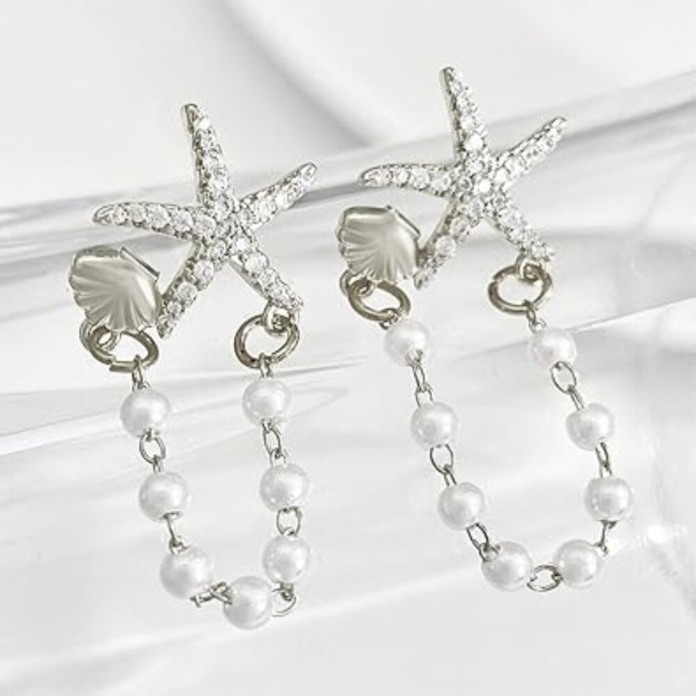 Starfish and‎ Pearls Drop Earrings Seashell Beach Jewelry
